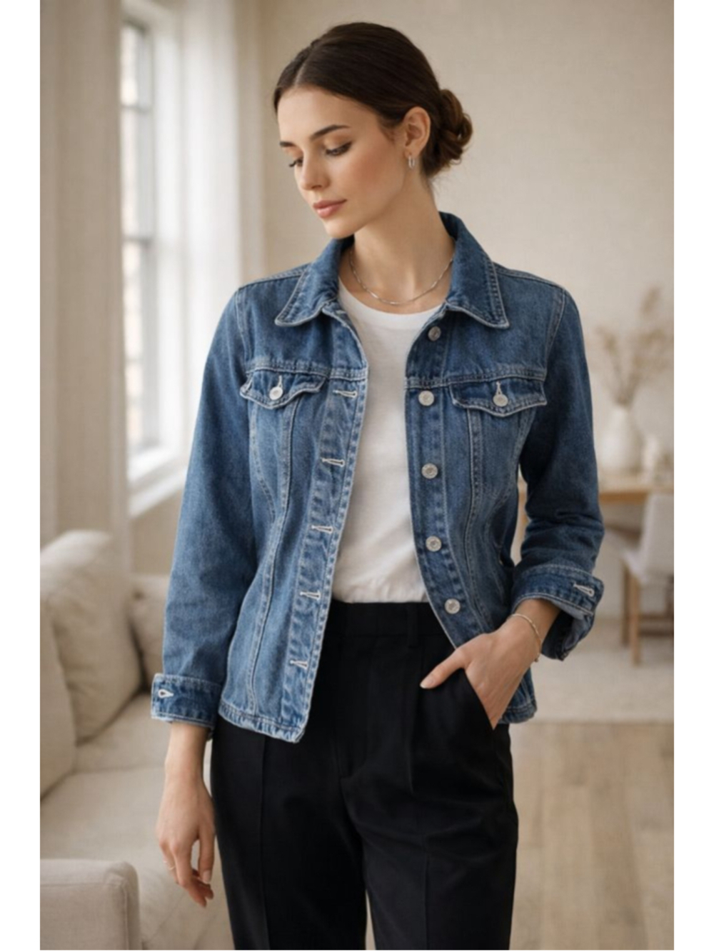Cherokee Fitted Denim Jacket Medium Wash Jean Jacket Silver Button Vintage Style